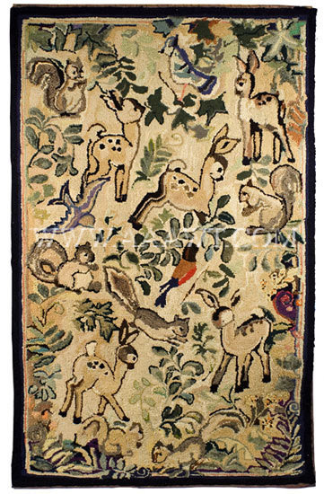 Antique Hooked Rug, Woodland Animals and Leafy Motifs, entire view
